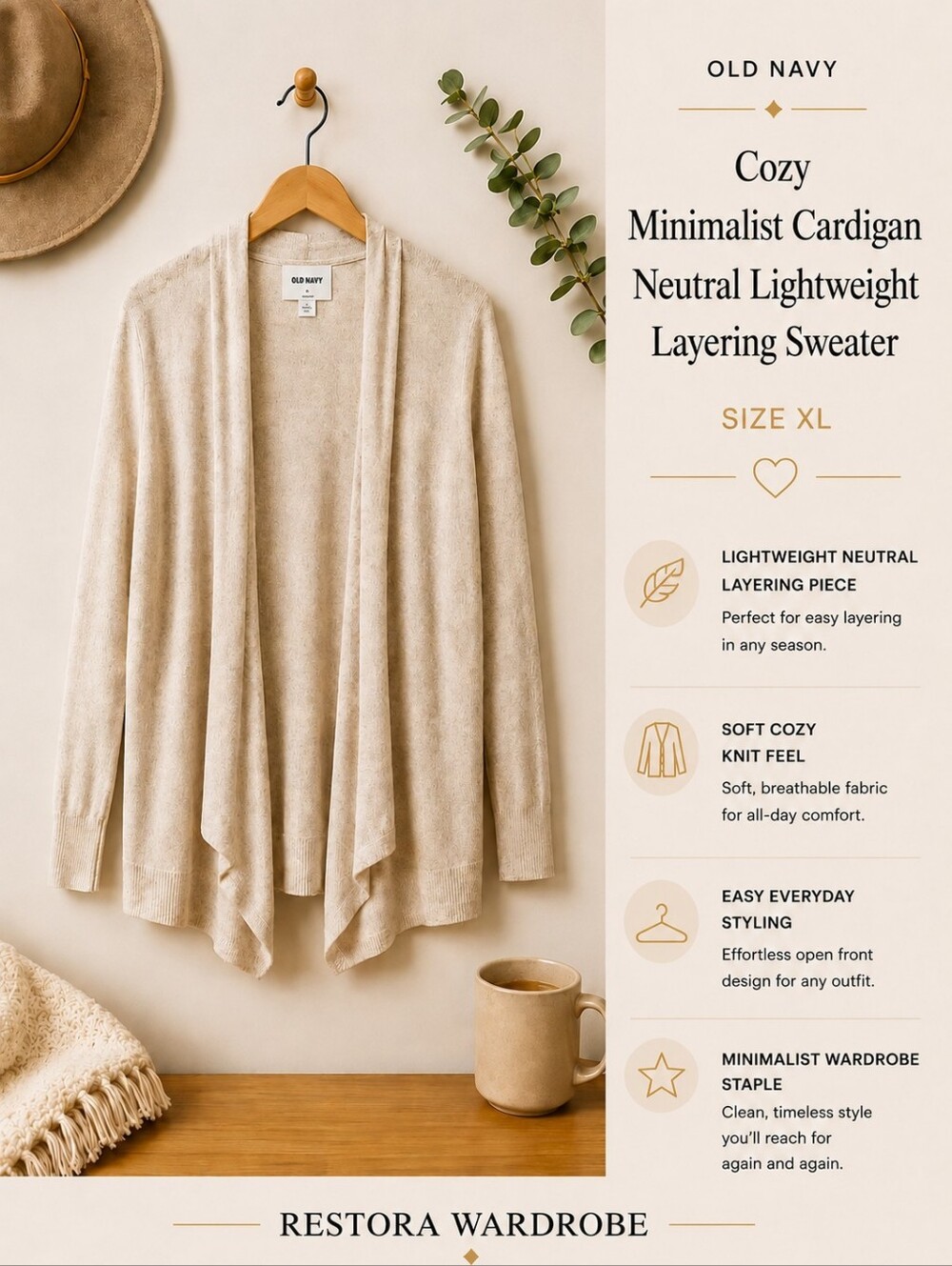Old Navy Oatmeal Open Front Waterfall Cardigan XL Lightweight